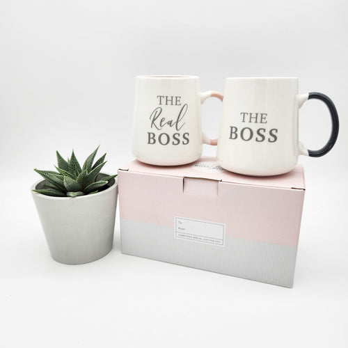 Engagement Gift - Succulent with Boss & The Real Boss Mug Set