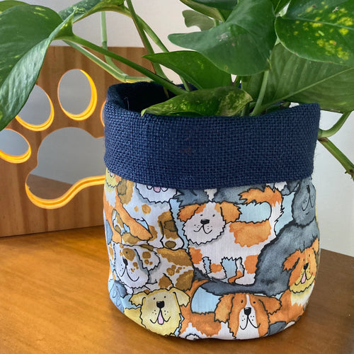 Fabric Pot Planters - Character Dogs - Indigo Hessian Hessian Pot Plant Covers - 16cm x 20cmH