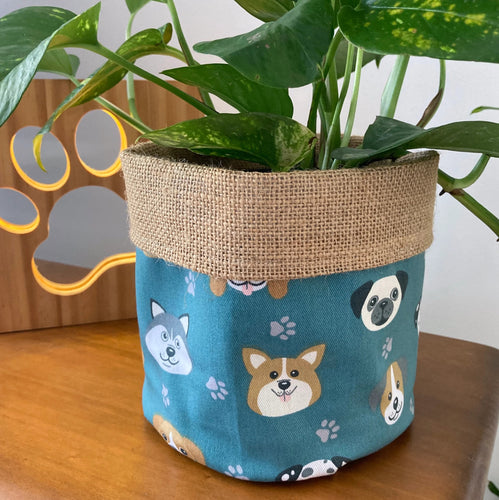 Fabric Pot Planters - Jade Green Dogs - Natural Hessian Pot Plant Covers - 16cm x 20cmH