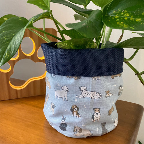 Fabric Pot Planters - Sky Blue Dogs - Indigo Hessian Hessian Pot Plant Covers - 16cm x 20cmH