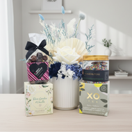 Blue sympathy hamper with clean interior