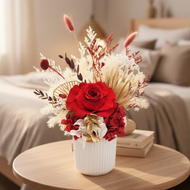 Dried flowers in foreground with bedroom background