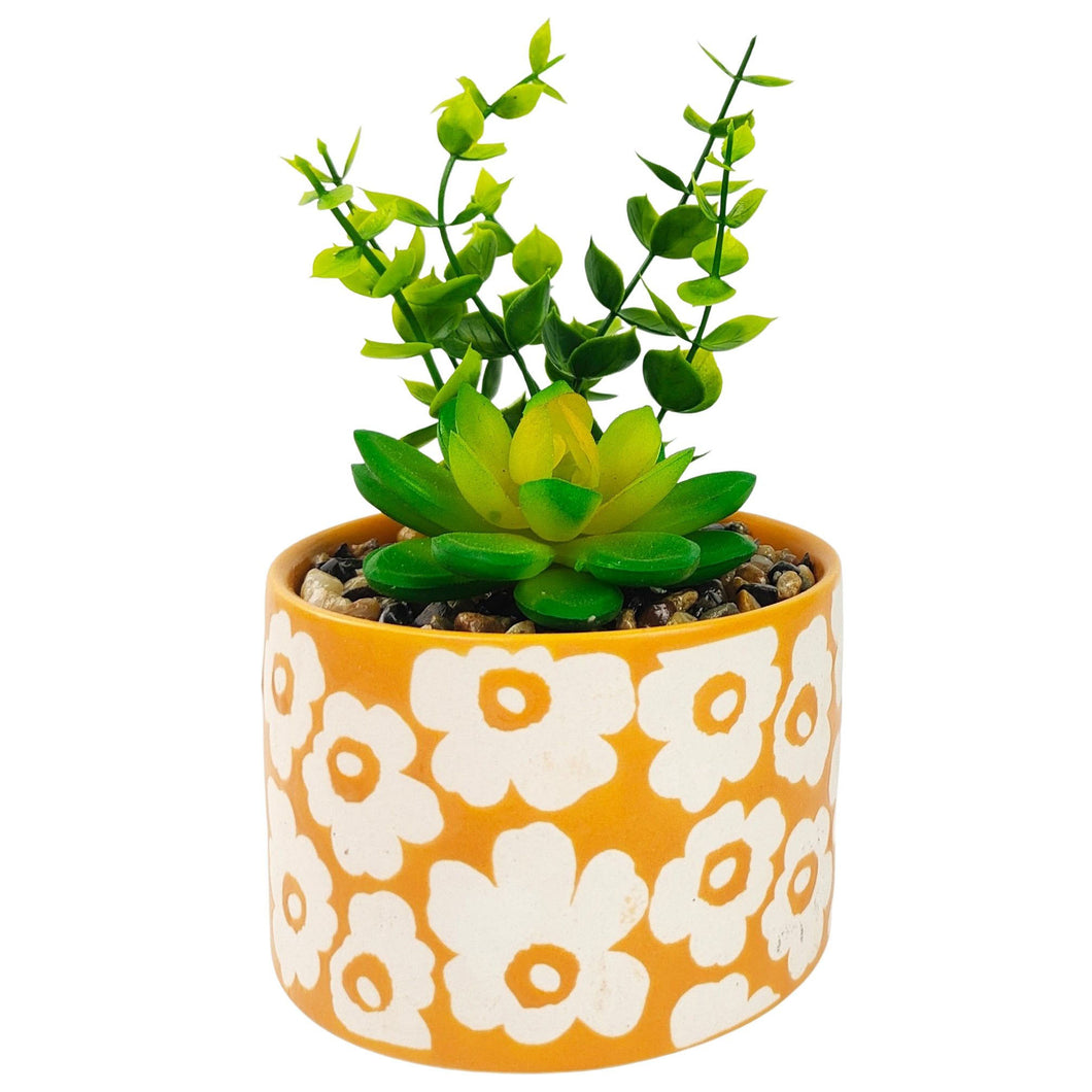 Faux Plant - Retro Floral Potted Plant Orange 15cm